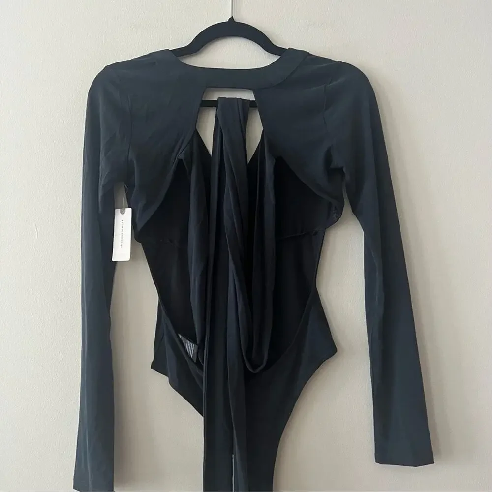 Anthropologie Black Open-Back Wrap Bodysuit